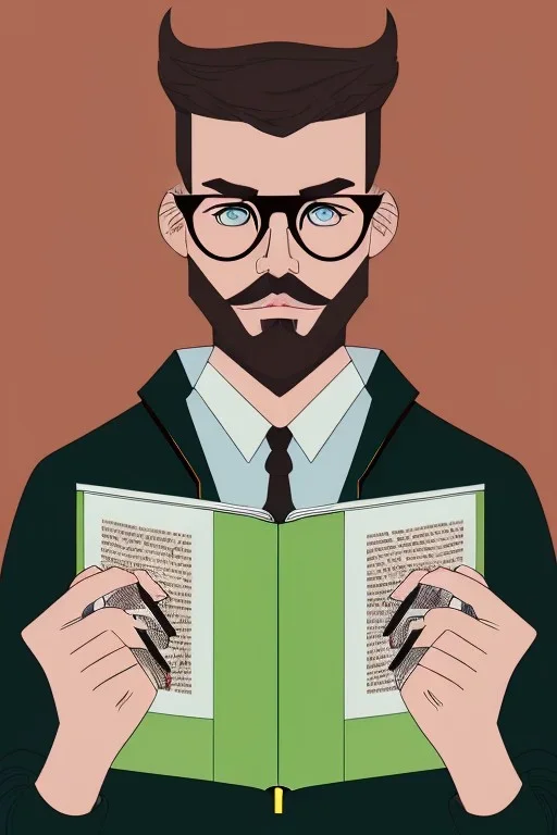 Fit man in round glasses with bookshelf in background, stubble,no beard, reading book, slim, tie, monotone, green eyes, comic book style, two tone colours, detailed, ink, realistic, handsome, square jaw, big brows, no jacket, bird on the shoulder, spotlight