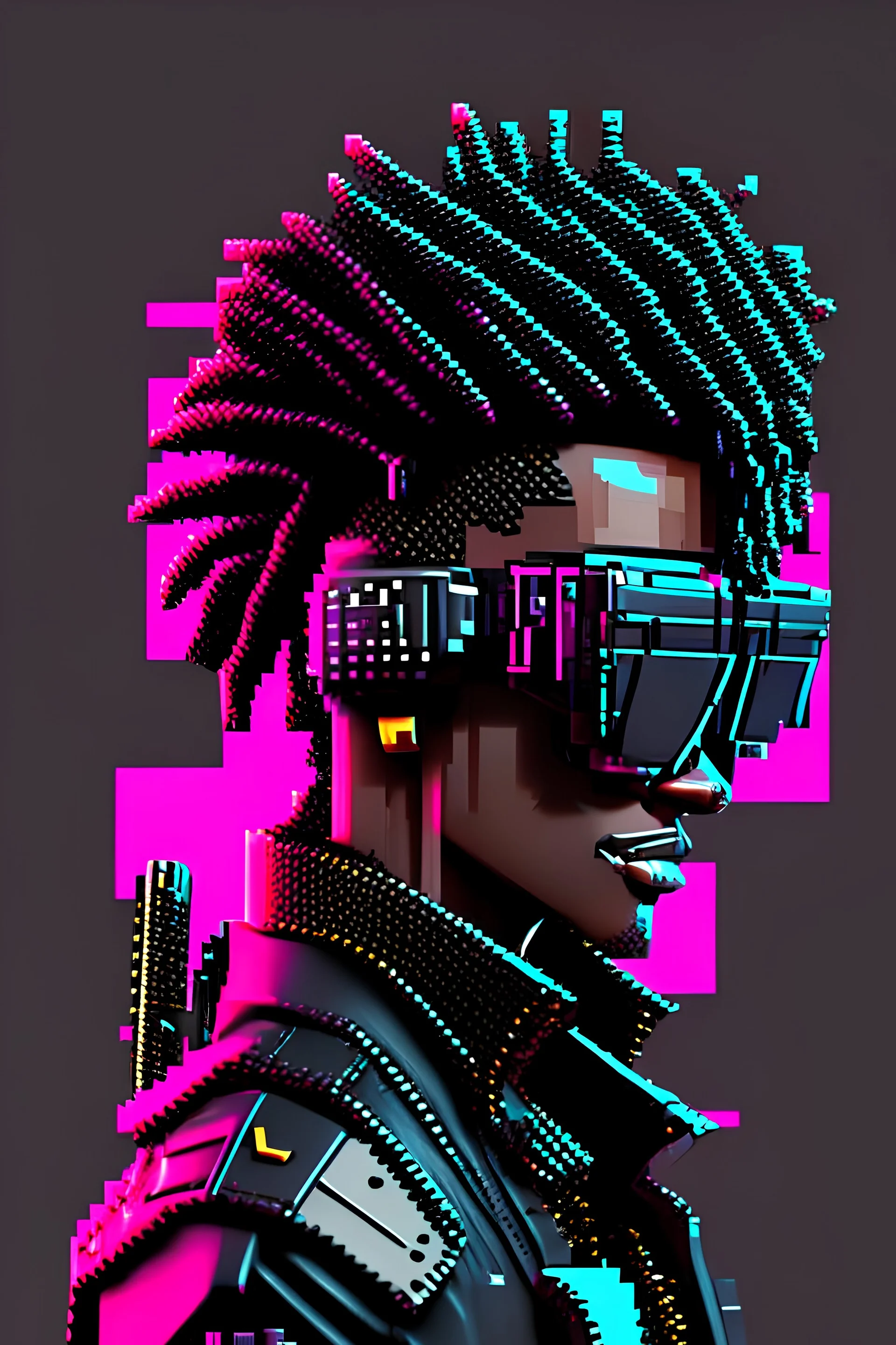 8 bit black urban punk rocker with augmented reality glasses back gun