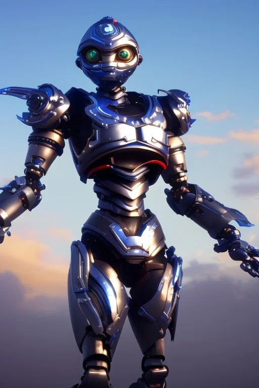 fullbody futuristic animepunk robot, wide angle view, close-up, macro lens, centered camera, titanium accents, intricate details, small minutiae, tiny features, particulars, colorful, 8k, least ambient occlusion, volumetric lighting, volumetric clouds