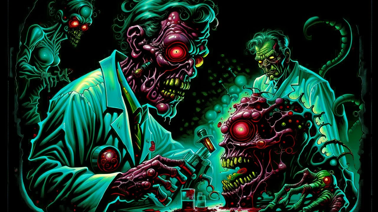 High_Quality_Art Digital Painting of Science experiment Horror surgeon Monster zombie creature by Richard Corben, Todd Schorr, T-Shirt Design, Black Background,