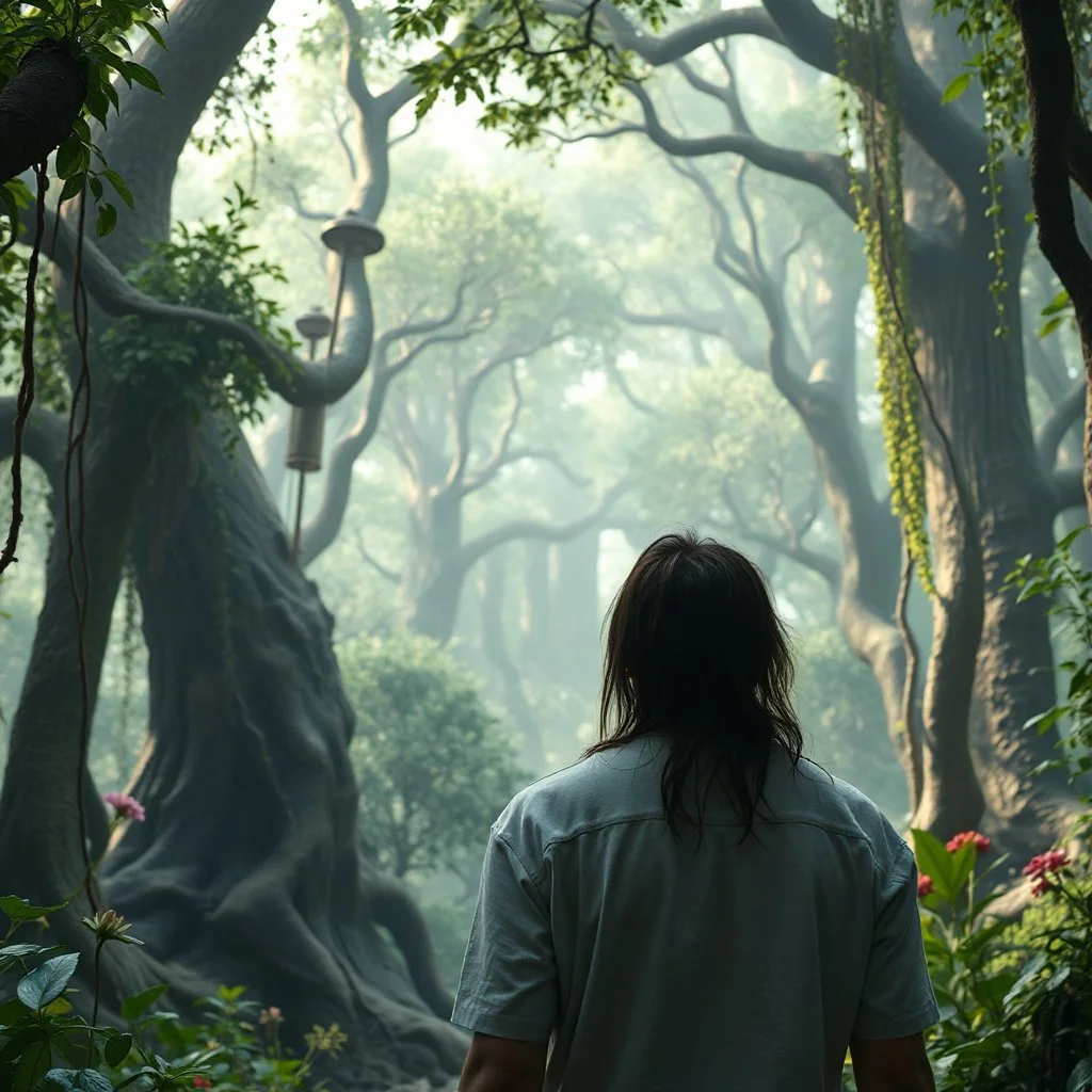 Scene from a modern fantasy live-action movie featuring the "Garden of Practicality", the Clockwork Forest Realm of Ix Chel, Cyberpunk style. At most one human being viewed from the back. Not too close up.