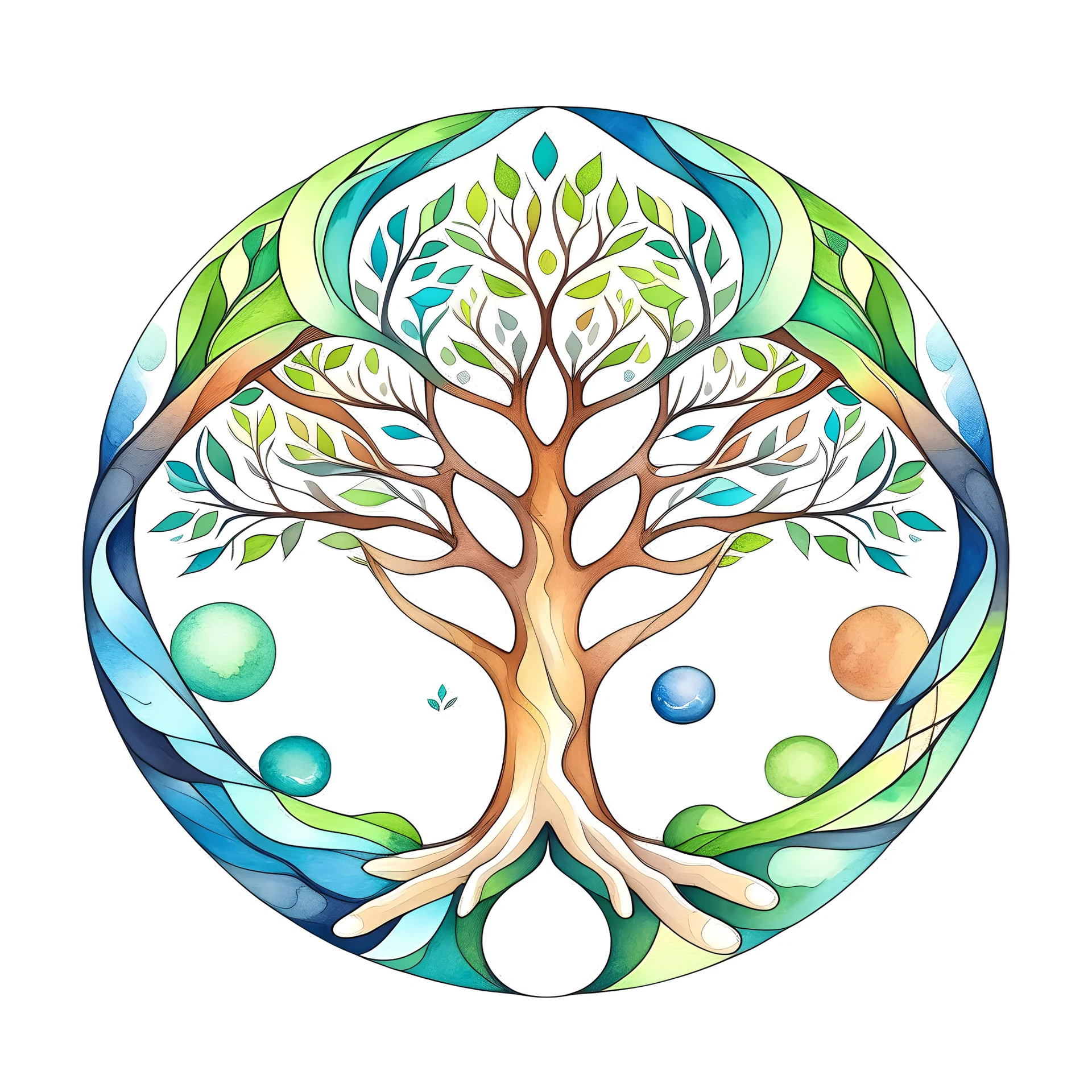 centered, logo with centered tree of life being held inside up turned hands, vector, with crescent moon, watercolors