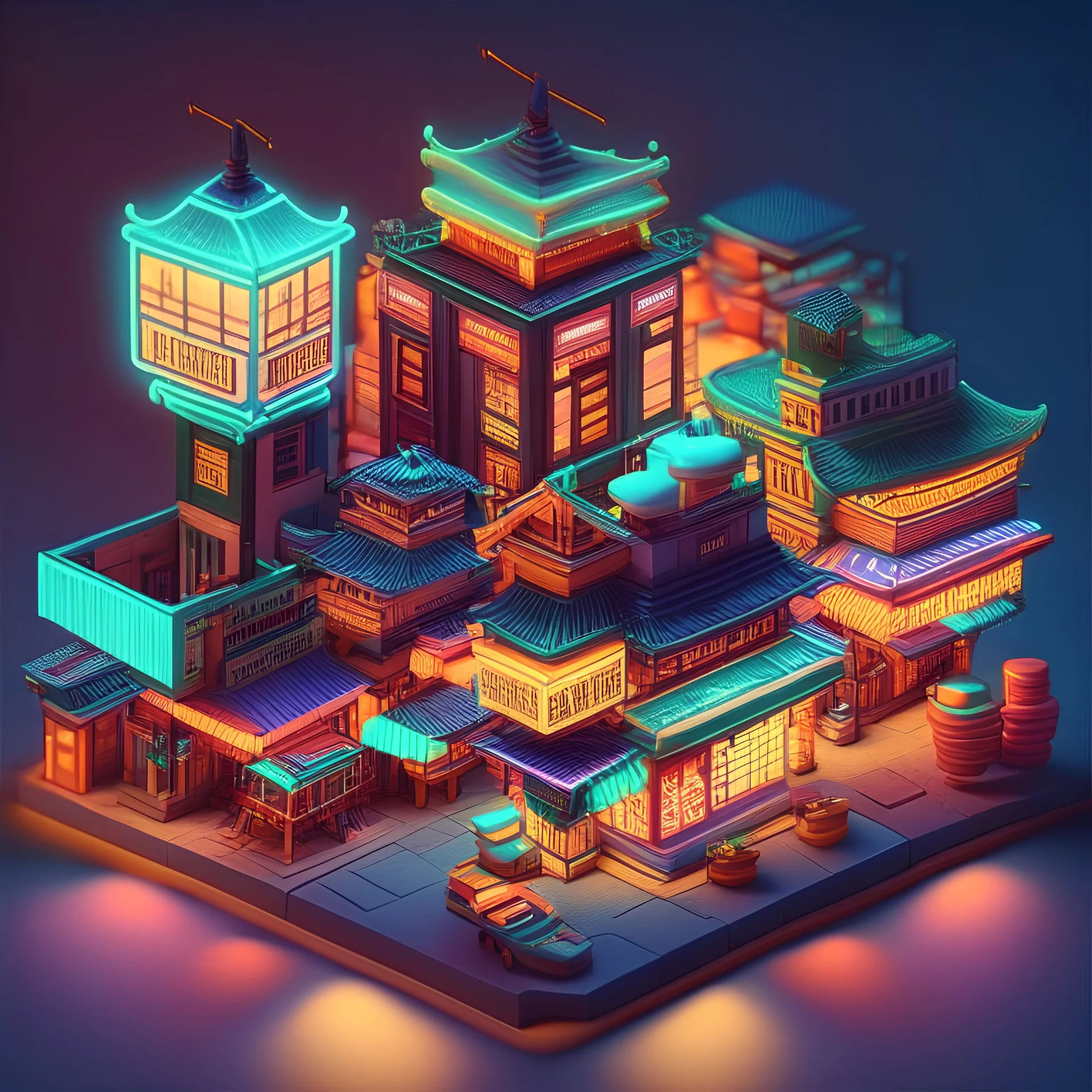 cute isometric china town, cutaway box, traditional, night lights, neon sign, hanging lanterns, electric posts with lamps, old taxis. highly detailed, made with blender, promotional brochure