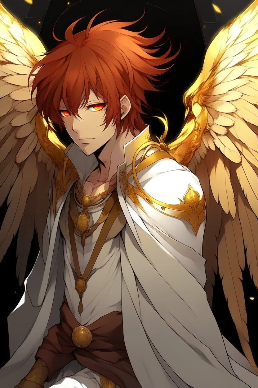 An anime male angel with red hair, gold eyes, and large, damaged feathered wings