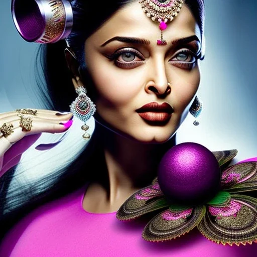 Aishwarya rai with Flowerpot head upside down with bugeyes and pink shirt