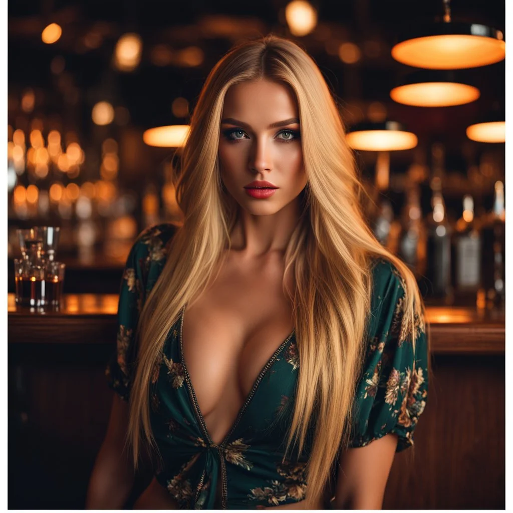 stunning 20 year old woman, fiesty expression, long blonde hair, photorealistic, 4k, standing in a bar