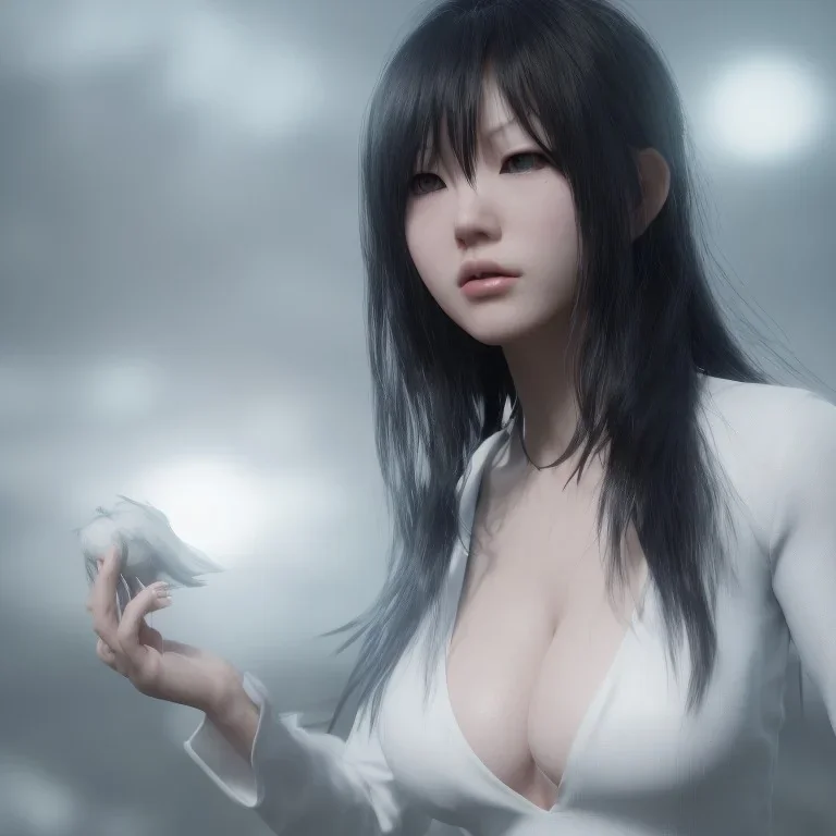 hitomi tanaka, dress white, long black hair, realistic, intriacte detail, sci-fi fantasy style, volumetric lighting, particales,highly detailed,cinamatic, deep colours,8k