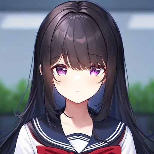 Clear focus,High resolution, Black long fluffy hair, long bangs, and purple eyes, Depressed girl, wearing a sailor uniform, frowning, red bow, Extreme Close up