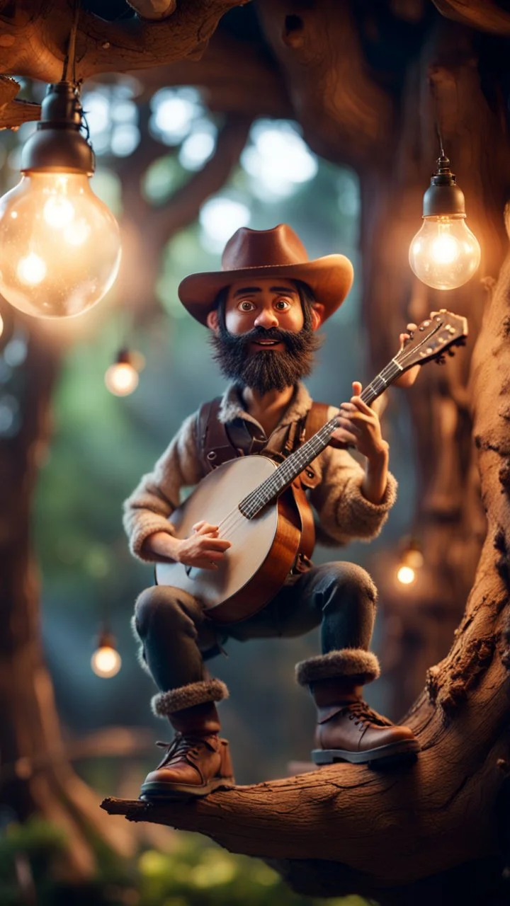 portrait of hairy rock banjo ninja sweet puppet cowboy living inside a tree house in a hollow huge tree growing light bulbs, singing in the spotlight with smoke coming from below,bokeh like f/0.8, tilt-shift lens 8k, high detail, smooth render, down-light, unreal engine, prize winning