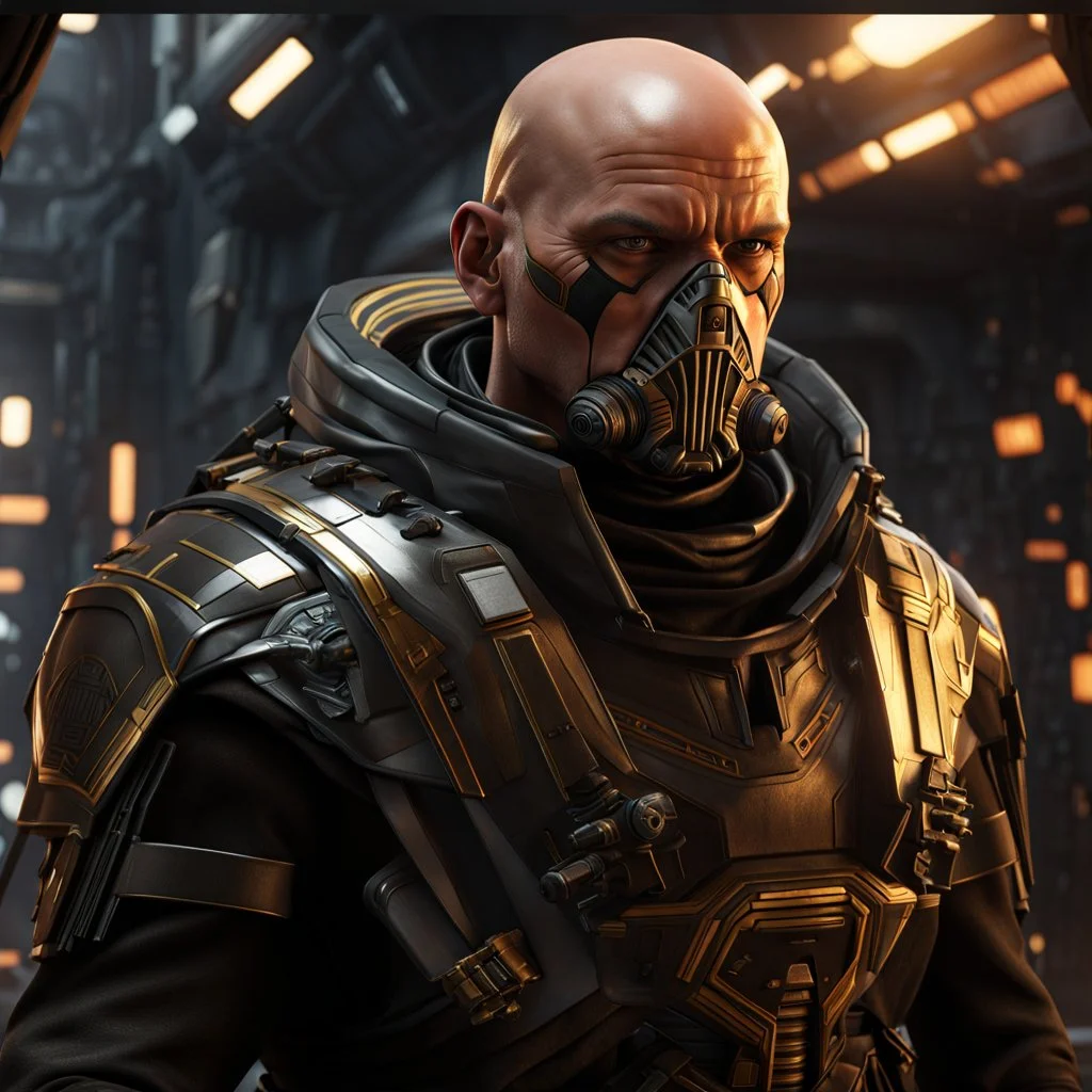 star wars bald male corellian pilot wearing pearlescent black and gunmetal grey First Order special forces heavy assault stealth commando armor and helmet with gold trim inside the jedi temple, hyperdetailed, dynamic lighting, hyperdetailed background, 8k resolution, volumetric lighting, light skin, fully symmetric details