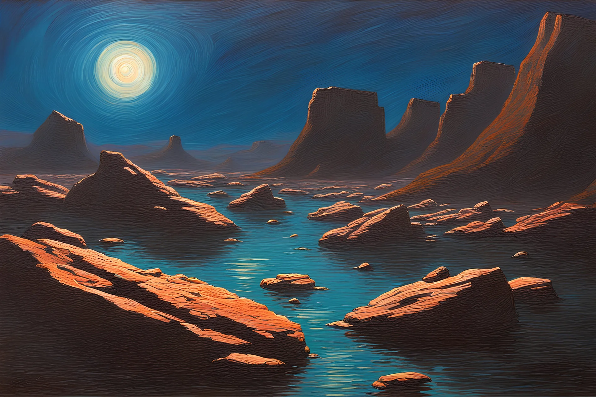 Rocks, night, 2000's sci-fi movies influence, ludwig dettman impressionism painting