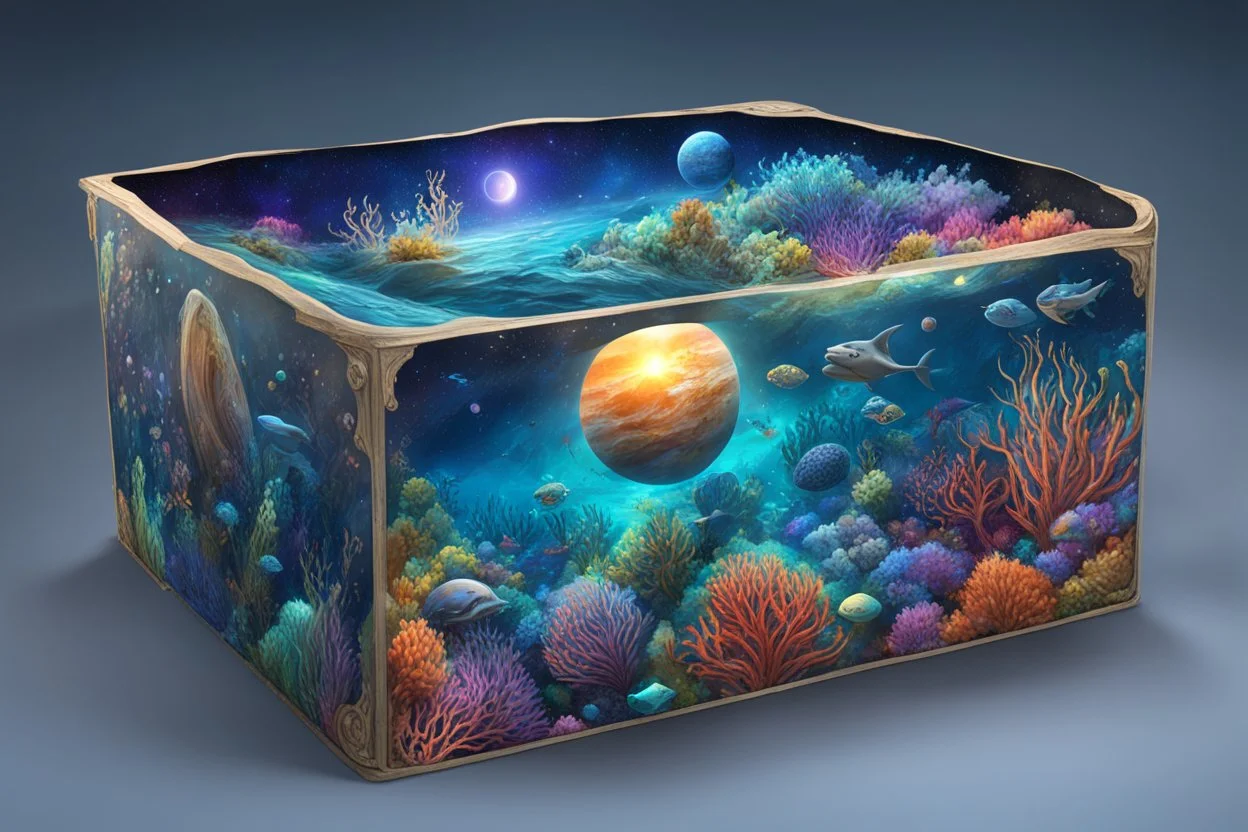 hyperrealistic, 4k, box for storing things with beautiful drawings a lot of colours, very detailed, subnautica, sea plants, seal leviathan, few planets, space, galaxies,