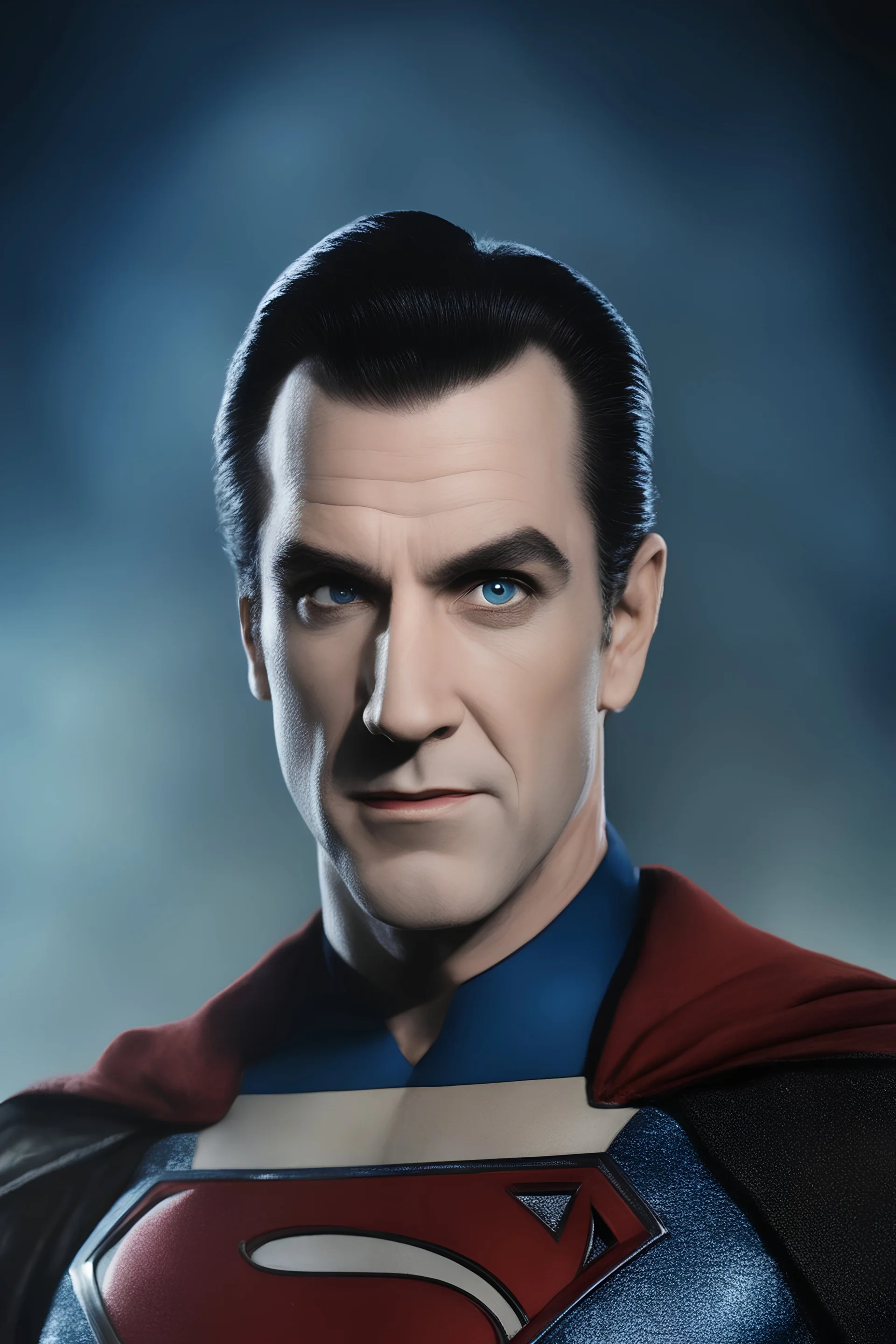 Bela Lugosi as Herman Munster Superman - Blue eyes - full color - 32k, UHD, 1080p, 8 x 10, glossy professional quality digital photograph - dark foggy gradated background, historic, powerful, octane rendering, exquisite detail, 30 - megapixel, 4k, 85 - mm - lens, sharp - focus, intricately - detailed, long exposure time, f8, ISO 100, shutter - speed 1125, diffuse - back - lighting, ((skin details, high detailed skin texture)),