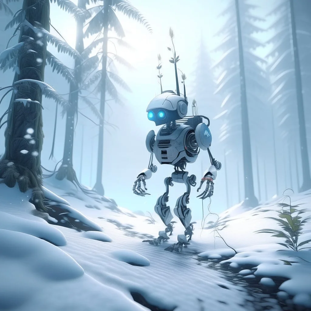 pixie robot skiing in snowy misty forest, 8k, down-light, soft light, depth of field, photo realism, trending on art station, high detail