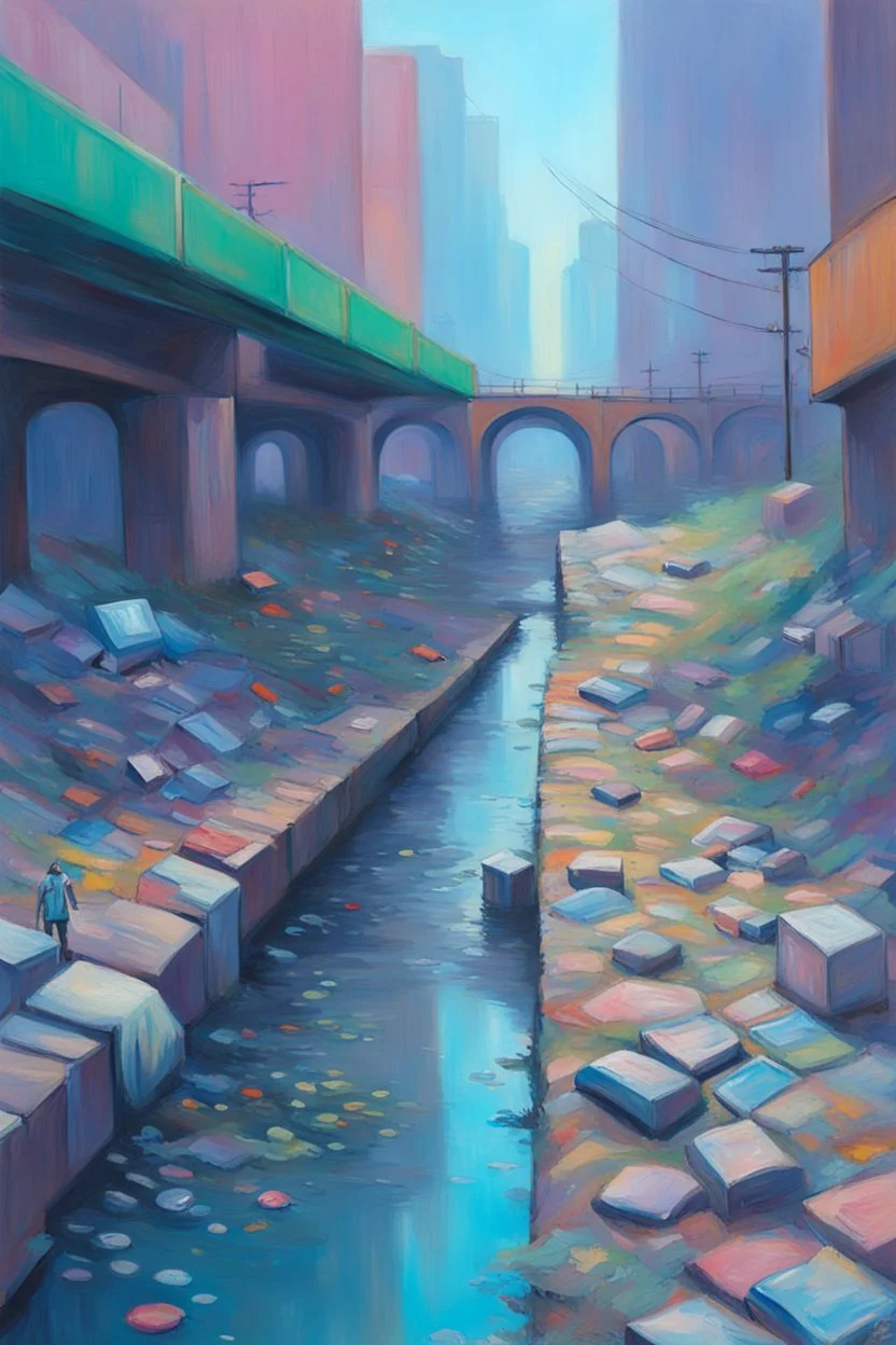 painting of a cyberpunk colourful natural walkway rubbish on the street in the city with pollution and a small bridge by a creek with electric sheep and androids by monet