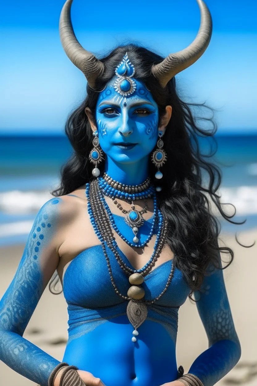 A photo of a blue skin Hindu goddess with painted blue skin, wavy black hair deer antlers standing on a sunny beach