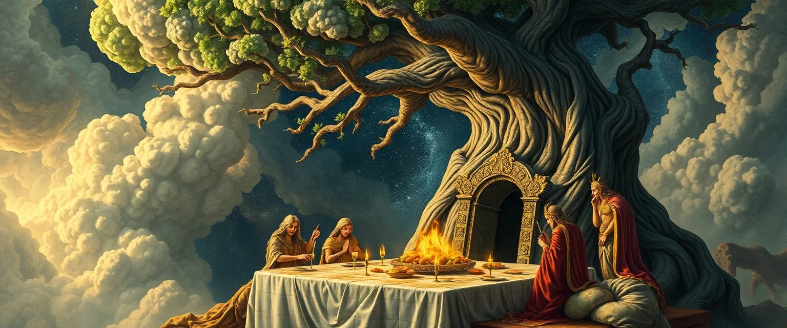 a myrriad and a star golem feast with greek gods, swirling illusion clouds, walls caving in, indian gods also, twisting grid blanket, tree with dimensional door
