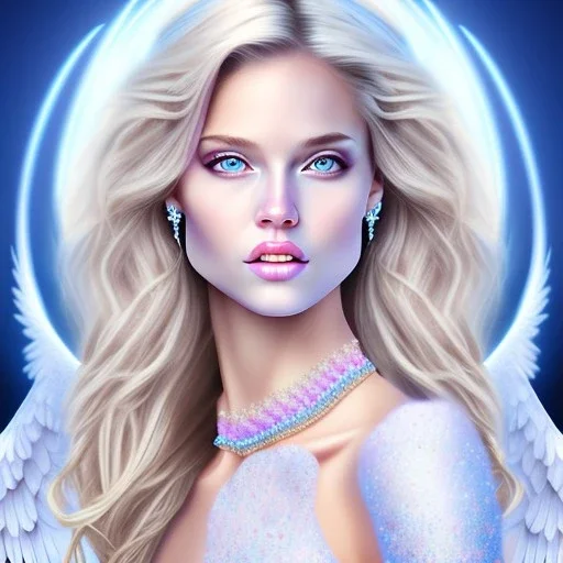 portrait of a beautiful woman with an angel face smiling,long blond hair, blue eyes, pink and blue dress, jewels, soft light aura