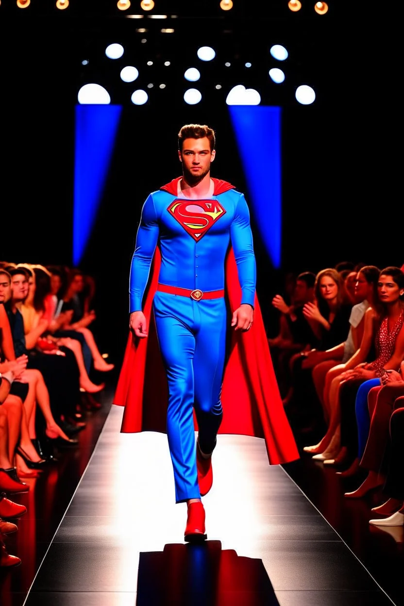 A guy on a fashion runway with Superman elegant Clothes