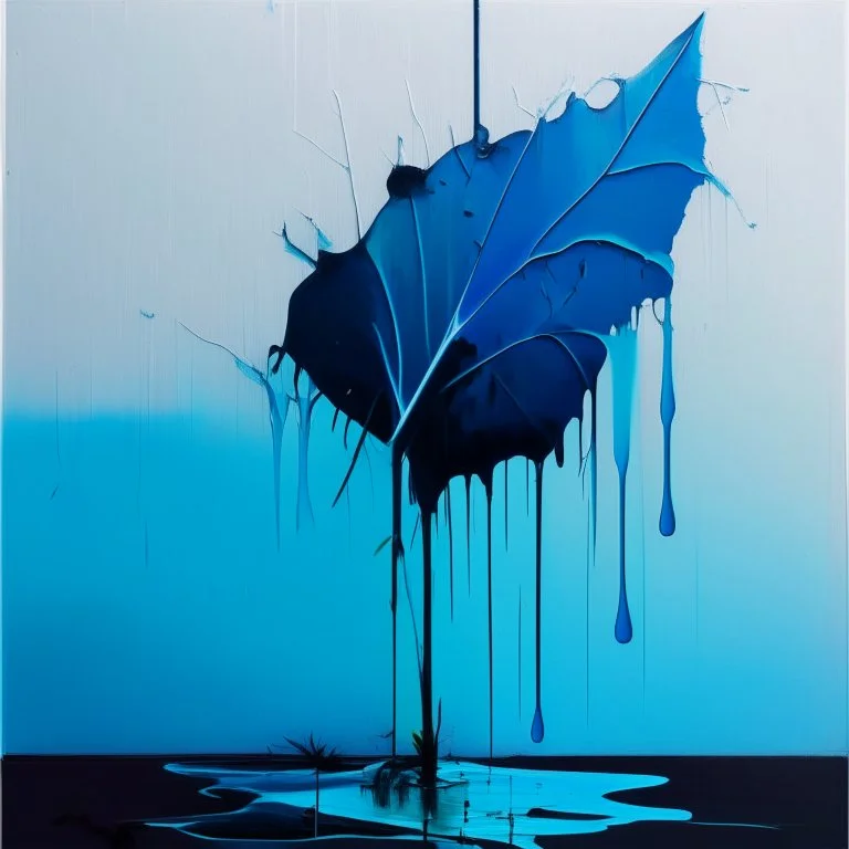 Minimal abstract flat oil painting of a neon large leaf plant in landscape. With triadic blue colours. Dripping paint. In the style of Justin Mortimer and Phil Hale, Ashley Wood