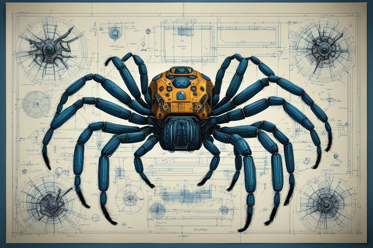 Hand drawn illustration , with detailed blueprints and engineering schematics of robotic Tarantula, with highly detailed facial features, detailed drawings, and technical notation, 8k, vibrant natural colors