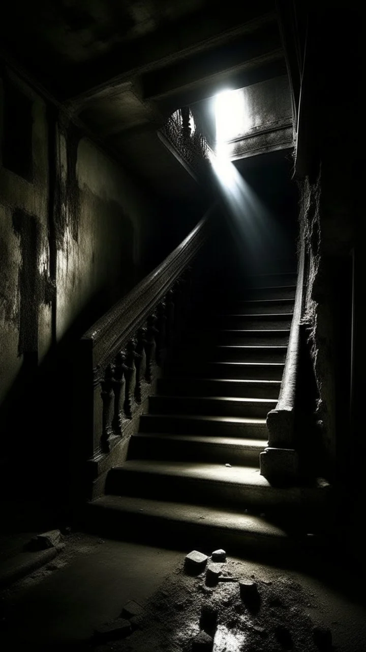 A stair from underground to another room with ghost shadow at the top ,in darkness reigns supreme, swallowing light and casting an eerie gloom. Jagged rocks jut ominously, shadows dancing with unseen creatures. Sinister shapes glide, eyes gleaming in the murky depths. Distant rumblings and creaking sounds fill the water, sending shivers. In this desolate underworld, fear of the unknown pervades every corner, where the slightest movement evokes terror. It's a realm where nightmares manifest