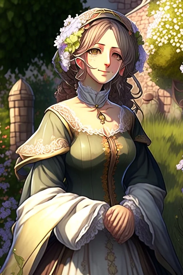 Anime, bubbly middle age woman with medieval gown, outdoors in garden, HD, extreme detail in the face