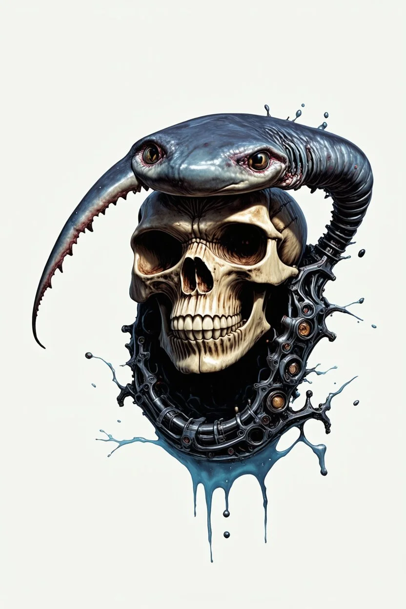 A MECHANICAL NON HUMAN SKULL AND PHALLIC SYMBOL DARK SLIMEY AND GIVING BIRTH SHARKS TEETH with a touch of H.R. Giger's biomechanical aesthetic. Hyperdetailed and rendered in 8k resolution, a true masterpiece. hyperdetailed intricately detailed Splash art action painting film noir photorealism psychedelic art telephoto lens aetherpunk horror post-apocalyptic VIVID IN COLOR
