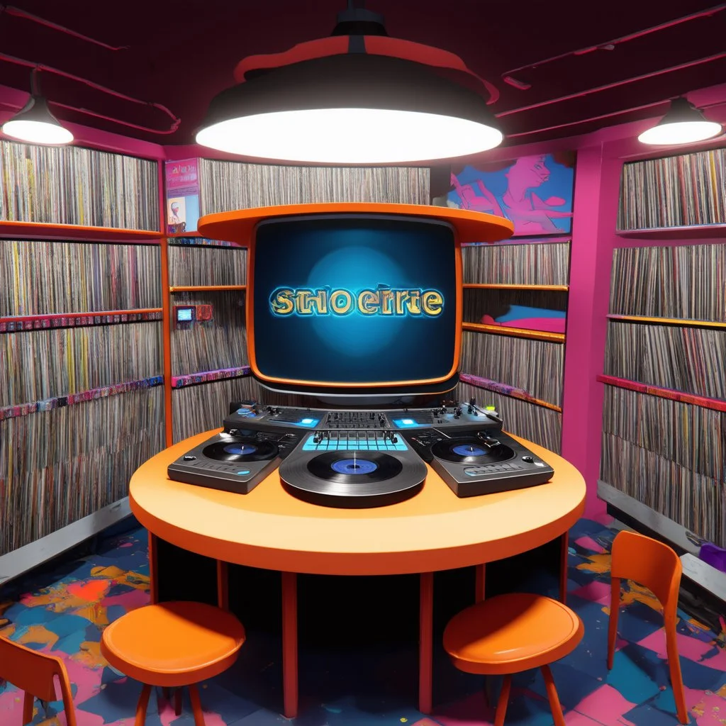 3-d render cartoonish classic inside a dj vinyll record shop record store