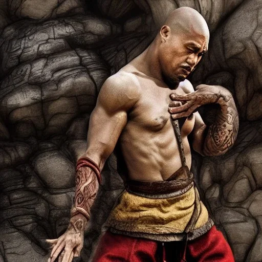 Fantasy,the rock as shaolin monk, heroic, award winning, insanely detailed, sunlit, realistic, meditating,acrylic paint, 8k resolution, hdr