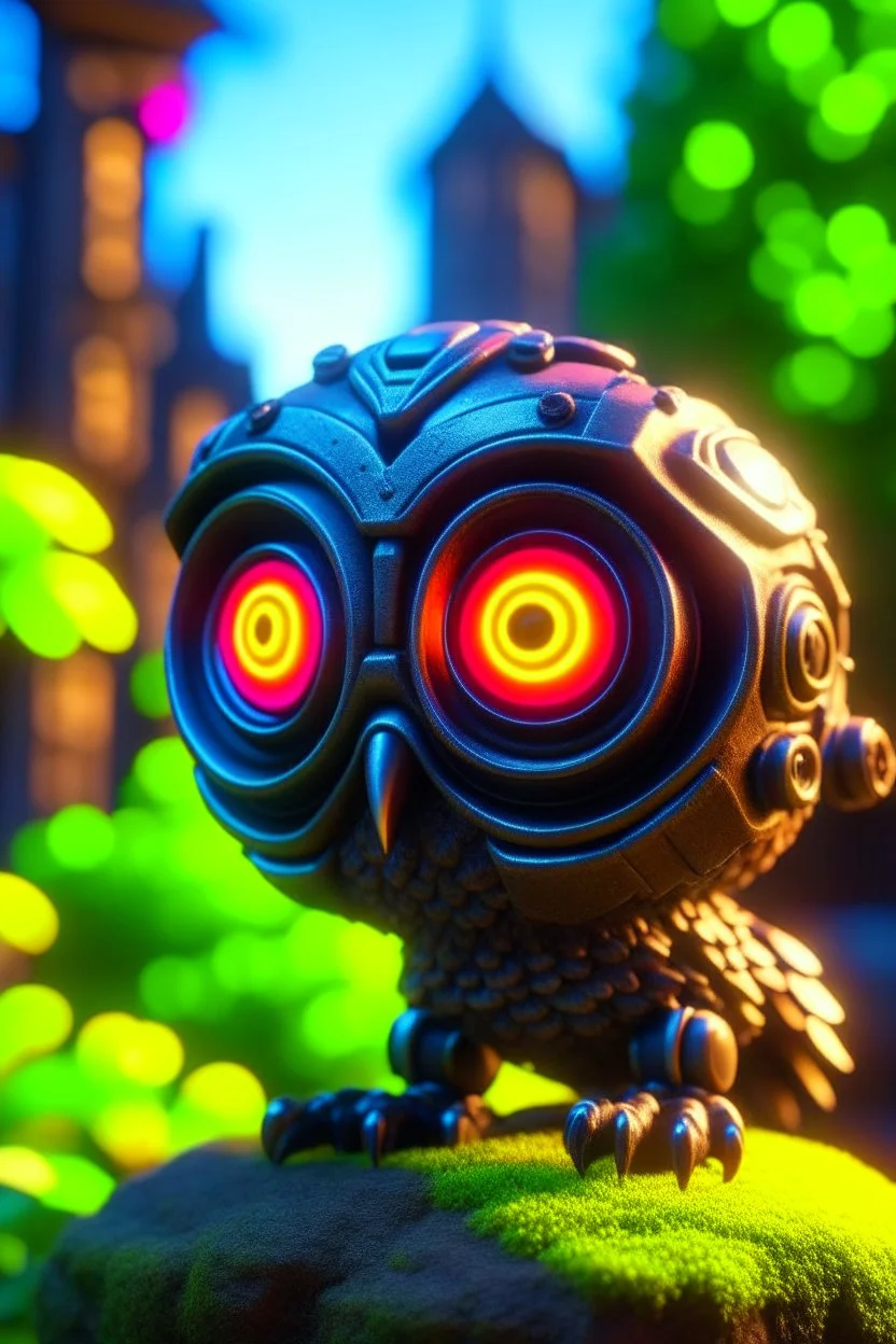 cute owl tron neon robot head with monocle, adorable cute chat robot with short punk hair and real human reflective eyes, in garden of st. Barbara cathedral, its such a perfect day, motion blur, smoke, 8k, downlight, soft light, depth of field, photorealism, trending on art station, lotsa detail