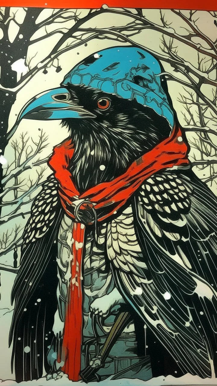 A contemporary serigraphy portrait by Kuniyoshi of a crow adorned in a punk leather jacket within a snowy Christmas atmosphere.