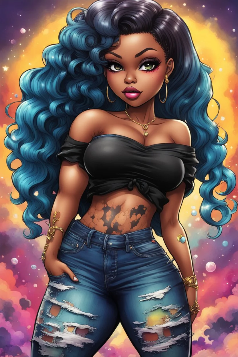 vibrant psychedelic comic book image, airbrush, 48k, cartoon art of a chibi curvy black female wearing torn jeans pants and a black tie dye off the shoulder blouse. Prominent make up with lush lashes. Highly detailed sleek wavy ponytail