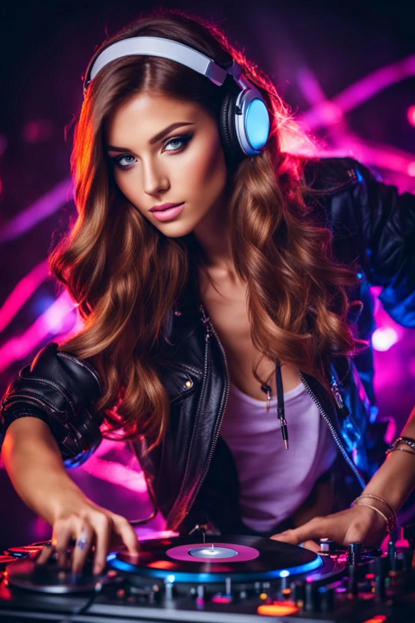 Photography super model pretty girl with headphones playing music on a turntable, dj rave party disco club