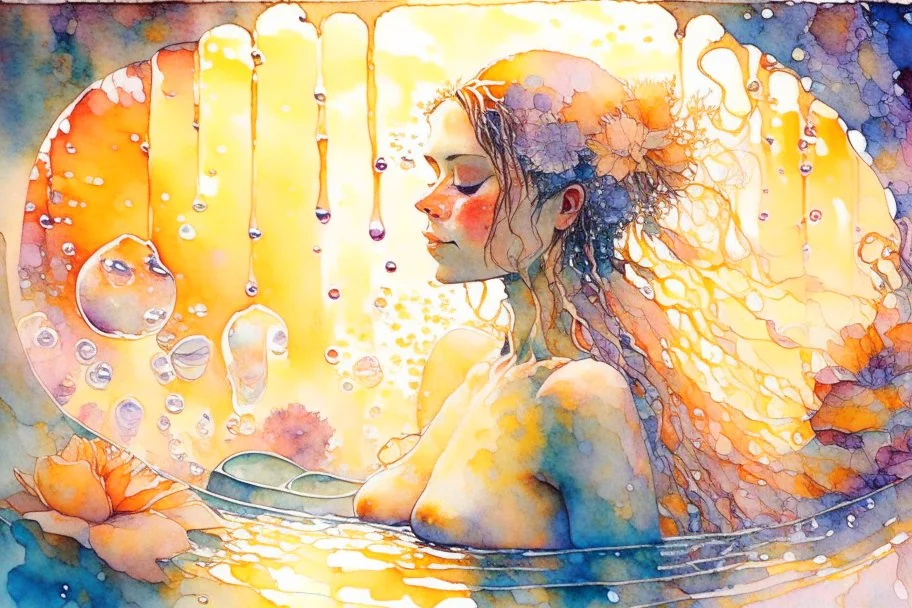 woman in bubblebath, wet on wet + sunrise, petals, watercolor patchwork by Daniel Merriam, Josephine Wall. elegant beautiful watercolor aquarelle