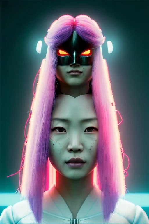 portrait, Asian cyborg woman, samurai warrior :: symmetry photography, cyberpunk style, cyborg eyes, pink hair :: wires connect, perfect eyes, samurai helmet, tiger mask, black samurai army, katana, ghost in the shell, pink, white, black, glow eyes, cinematic, Ultra realistic, dark scene, soft color, highly detailed, unreal engine 5, RTX, ultra detail, 3d, finely drawn, high definition.