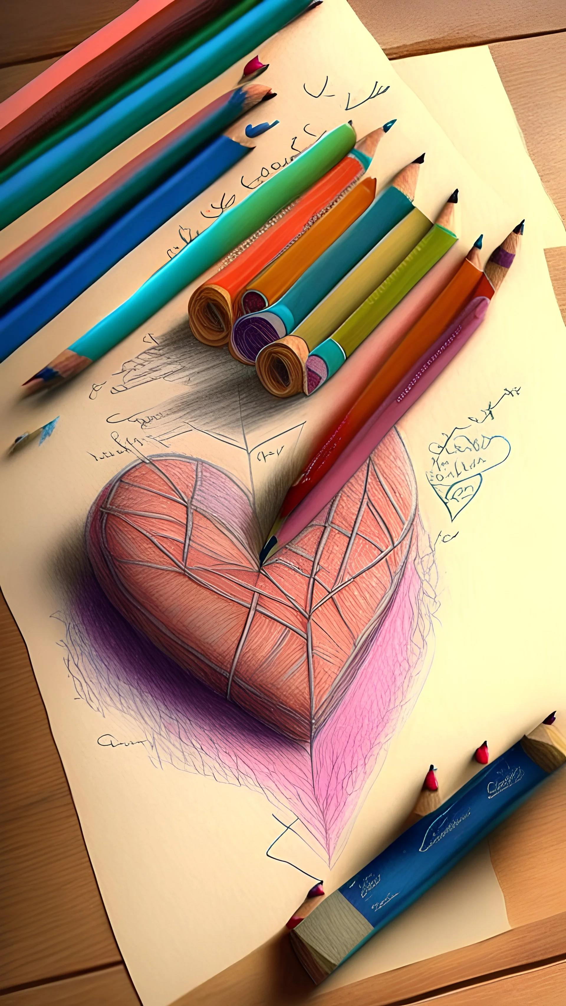 Drawing of love letters, realistic, colored pencils