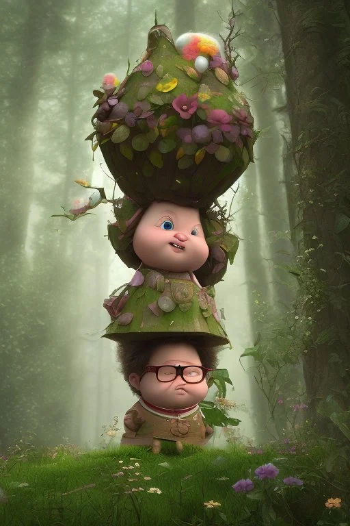 Fat and happy fairy in Forrest background. Style should be like the movie " up"