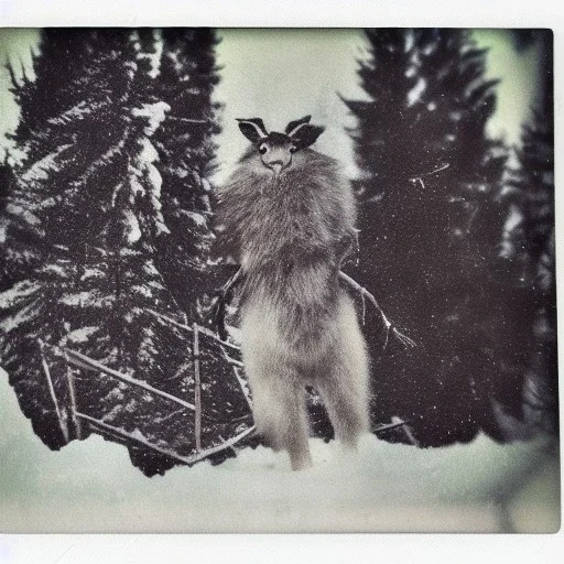 unusual multilegged and multiple eyed animal cryptid in the snow polaroid vintage style realistic