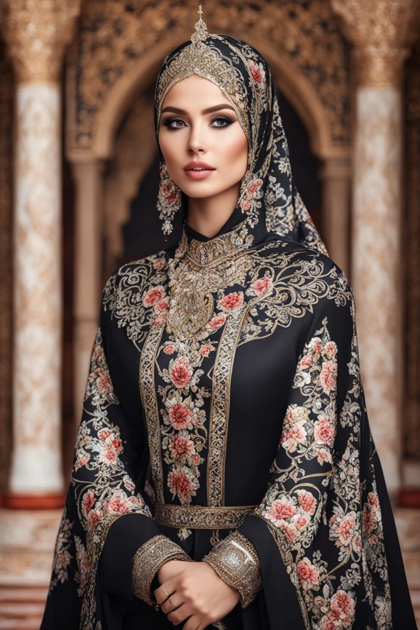 Gorgeous Realistic Photography Super model Russian as Beautiful hijab girl dressing Morocco pattern flowers gown luxury black and jewelry,luxury palace background, close-up portrait