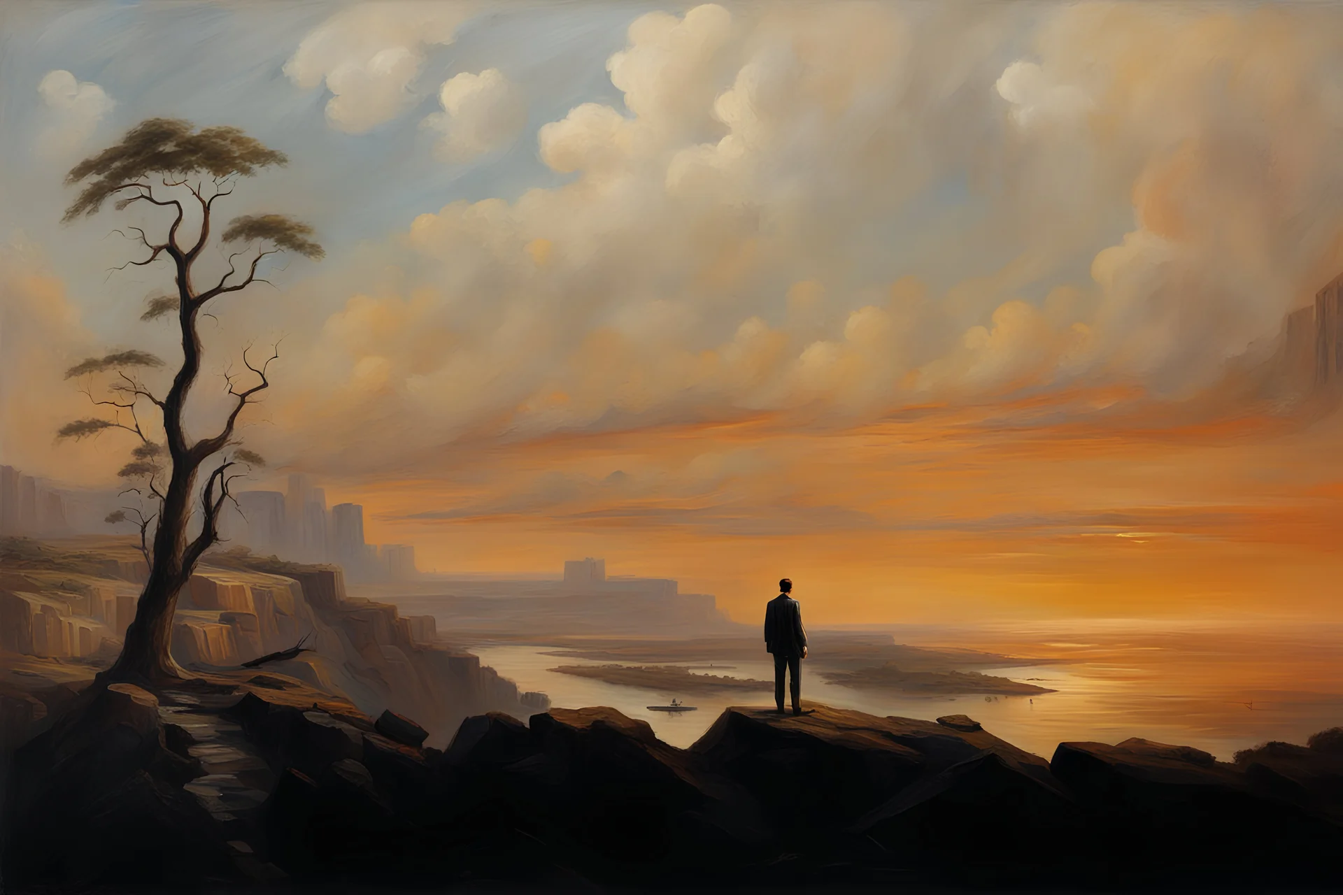 oil painting, an old track on a tall cliff, a man standing on the cliff and looking at the flooded city below him