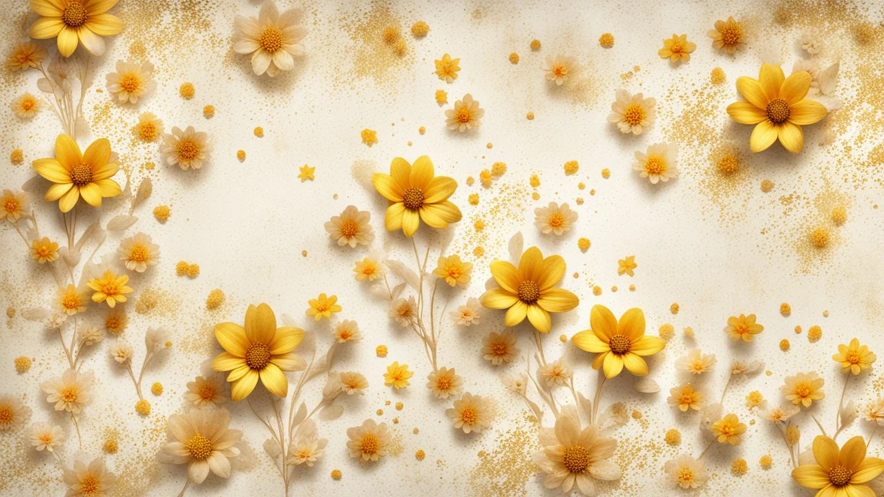 Hyper Realistic Beige-&-Yellow small-multicolor-flowers With Glowing Golden Embers On Off-White Grunge Wall Background.