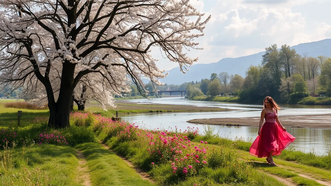 country side ,river side ,bloosoming trees and flowers ,beautifull lady gracefully walking