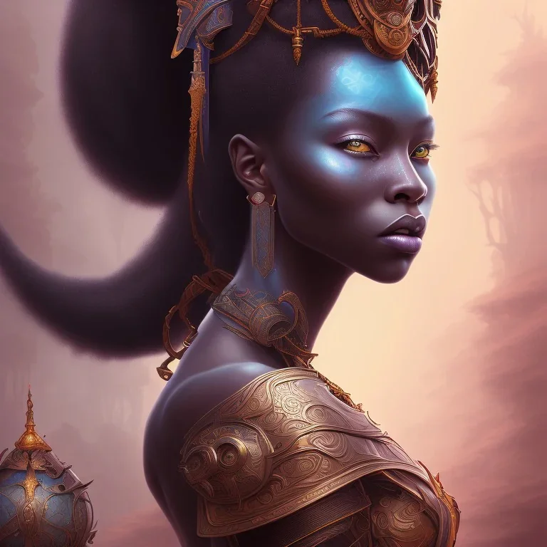 sango fantasy, fantasy magic, intricate, sharp focus, illustration, highly detailed, digital painting, concept art, matte, masterpiece head sexy view black African beauty black afro hair space lady turquoise one head dragon skin African princess facing forward