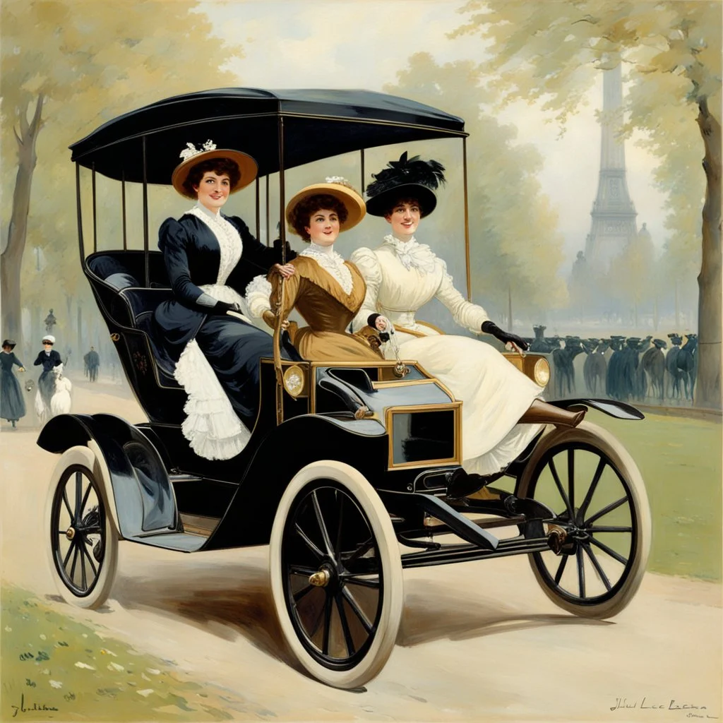 The Goldsmith Ladies in the Bois de Boulogne in 1897 on a Peugeot car, Julius LeBlanc Stewart, smile, dog