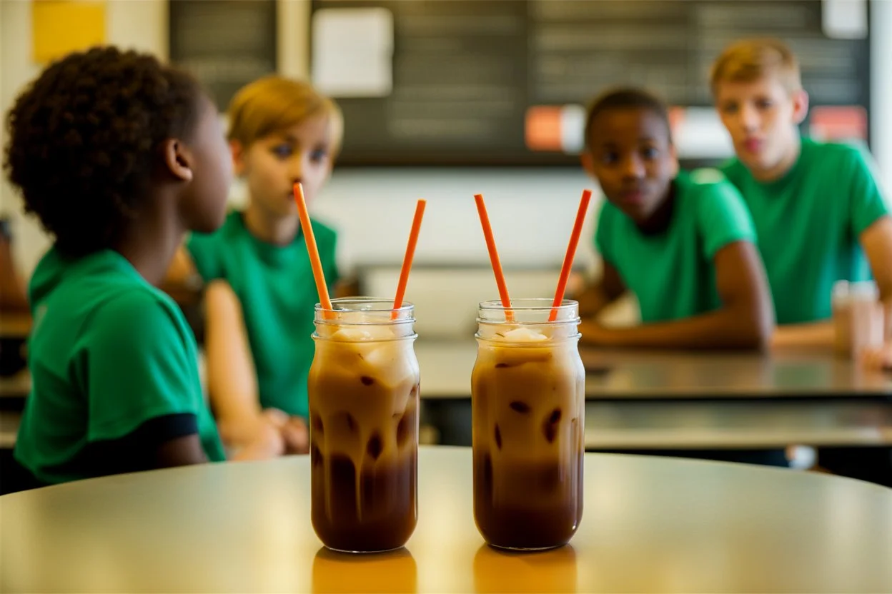 looking through class into an Iced Coffee