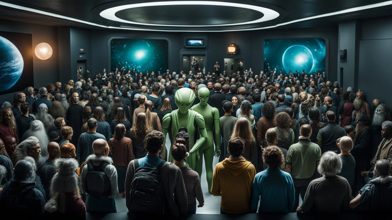 photo from the futuristic waiting room of a studio, a large crowd waits in a giant room. the aliens mutant humans, strange fantastical creatures, droids, and a few human-like beings of all sizes, colors, shaped and looks, stand in the crowd. high detalied, sharp focus, photorealistic, sci-fi style Professional photography, bokeh, natural lighting, canon lens, shot on dslr 64 megapixels , hd