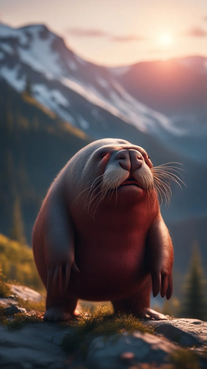 Vampire walrus in carpathians montains sun set ,bokeh like f/0.8, tilt-shift lens 8k, high detail, smooth render, down-light, unreal engine, prize winning