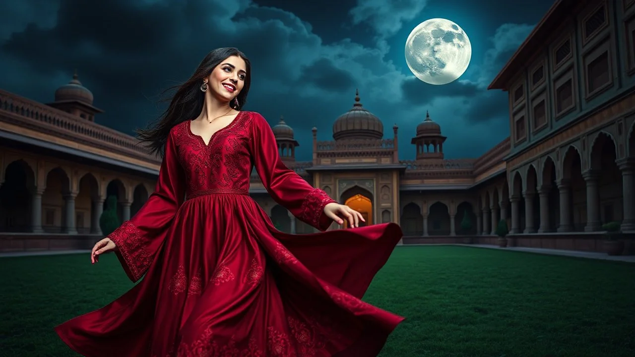 Hyper Realistic Beautiful Young Pashto Woman Wearing A Maroon Silk Frock With Detailed Maroon Embroidery & Beads Work On It Happily Swirling Inside The Beautiful Courtyard Of A Traditional Mughal Fort At Dark Beautiful Night With Cloudy Full Moon On A Green Grass Showing Dramatic And Cinematic Ambiance.