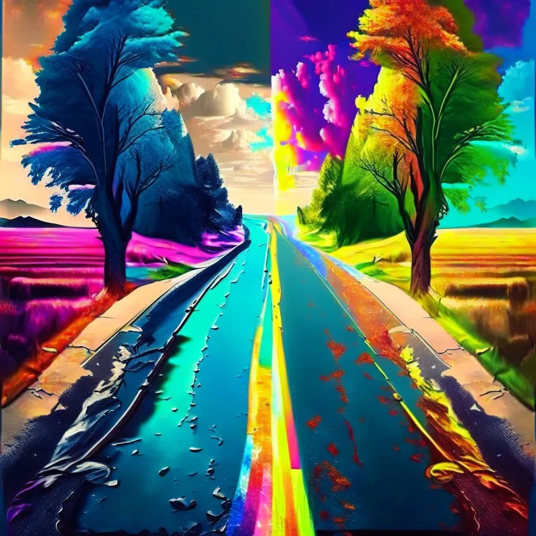 two roads diverged , art, acrilyc colors, bright, masterpiece, realistic